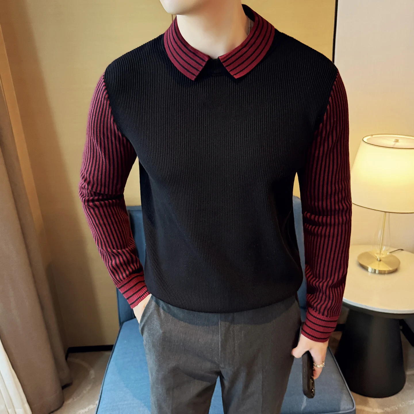 

Осень/зима мужской свитер, искусственный вязаный свитер из двух предметов, контрастный полосатый воротник, свитер с откидным воротником, пуловеры, мужская одежда