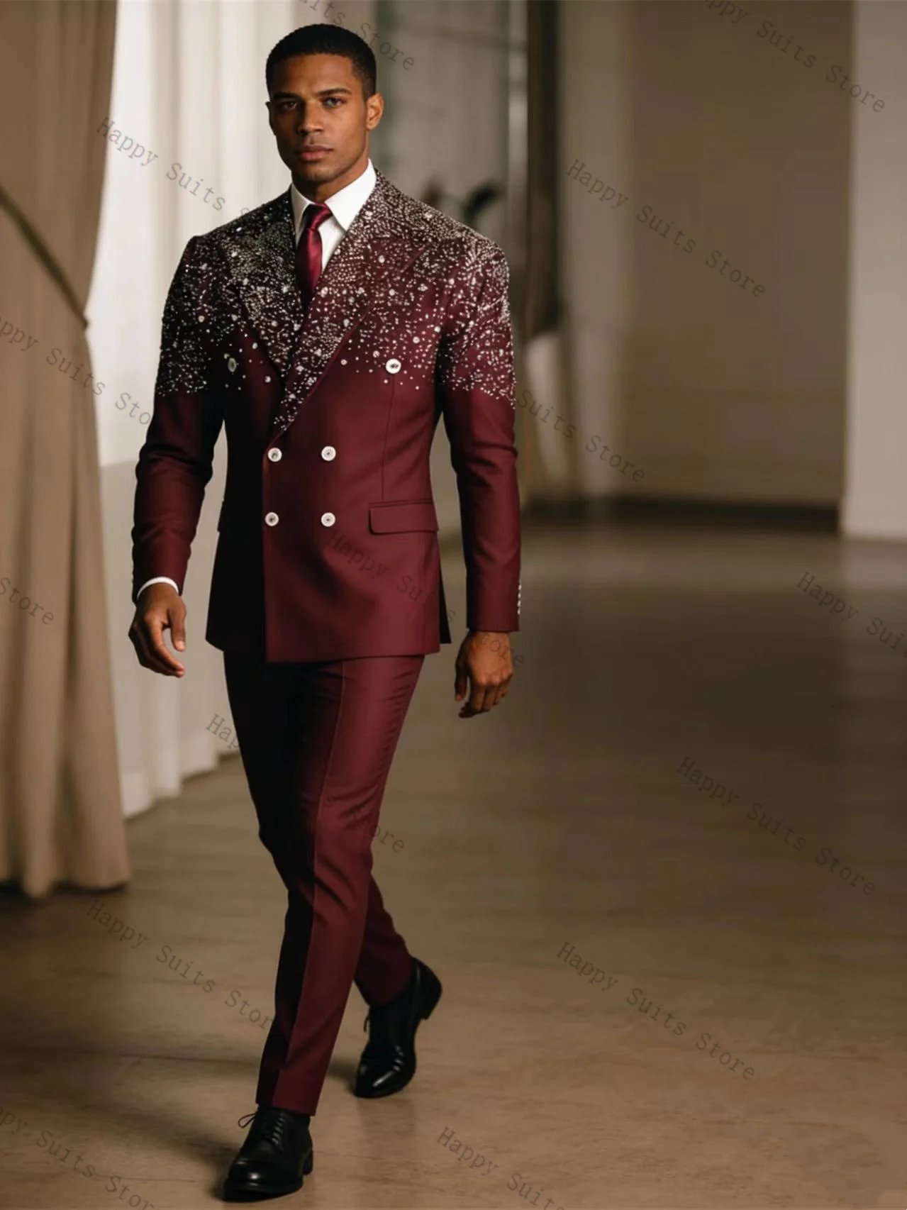 

Crystals Burgundy Men Suit Set 2 Pcs Groom Blazer+Pants Trousers Formal Office Coat Wedding Tuxedo Customized Jacket Outfit