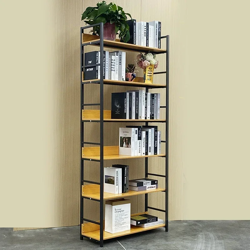 Bookcase 6 Tier Racks Steel Storage Shelf Leaning Solid Wood Bookcase Furniture Living Room Shelves Metal Book Shelves