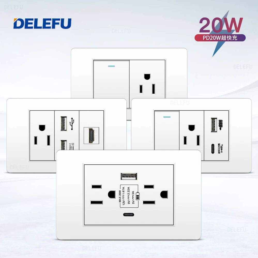 DELEFU White Flame Retardant PC Panel Mexico Standard Type C America Outlet Plug 118*72mm Wall Socket Light Switch Fast Charge