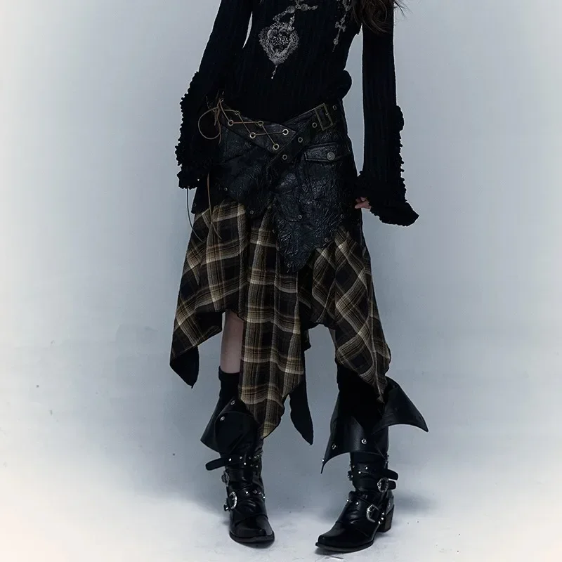 Gothic Harajuku Japanese Y2k Irregular Skirt Vintage Plaid Print Grunge Aesthetics Skirt Wasteland Punk Patchwork Chic Skirt 90s