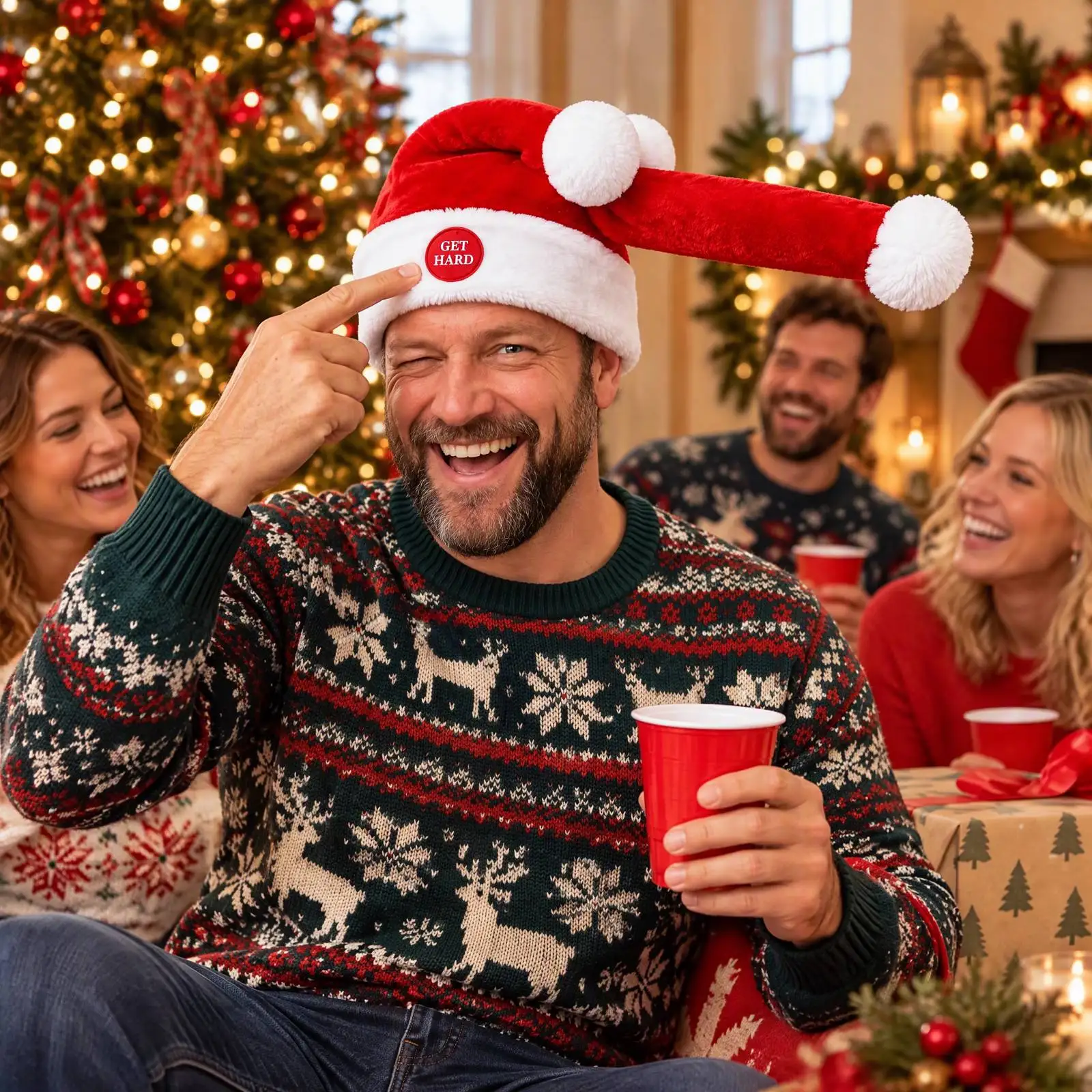Funny Animated Santa Hat Auto Motion Pompom Button Novelty Christmas Party Gift Accessory