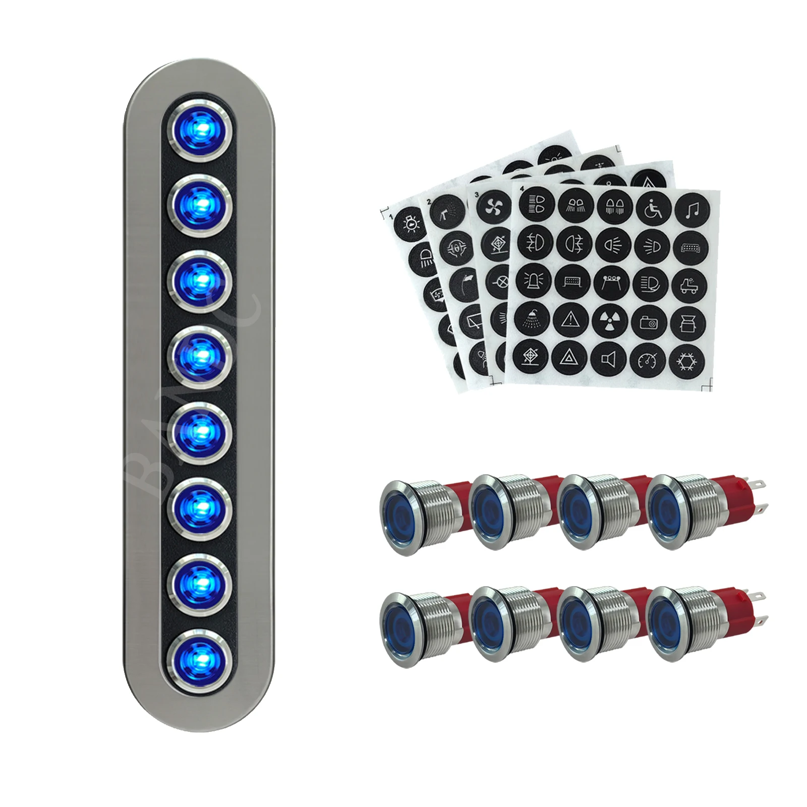 

8 Gang Waterproof Stainless Steel Panel with Fuse Holder 12V/24V Blue LED Metal Push Button Switch for Marine Boat Car RV Truck