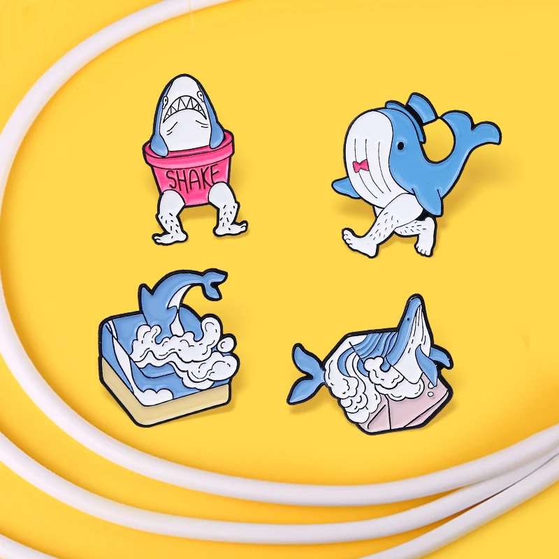 

Cute Mr. Shark Mr. Whale Enamel Pin Marine Animal Leg hair SHAKE Ocean waves Brooches Badge Lapel Women Denim Jewelry Gift