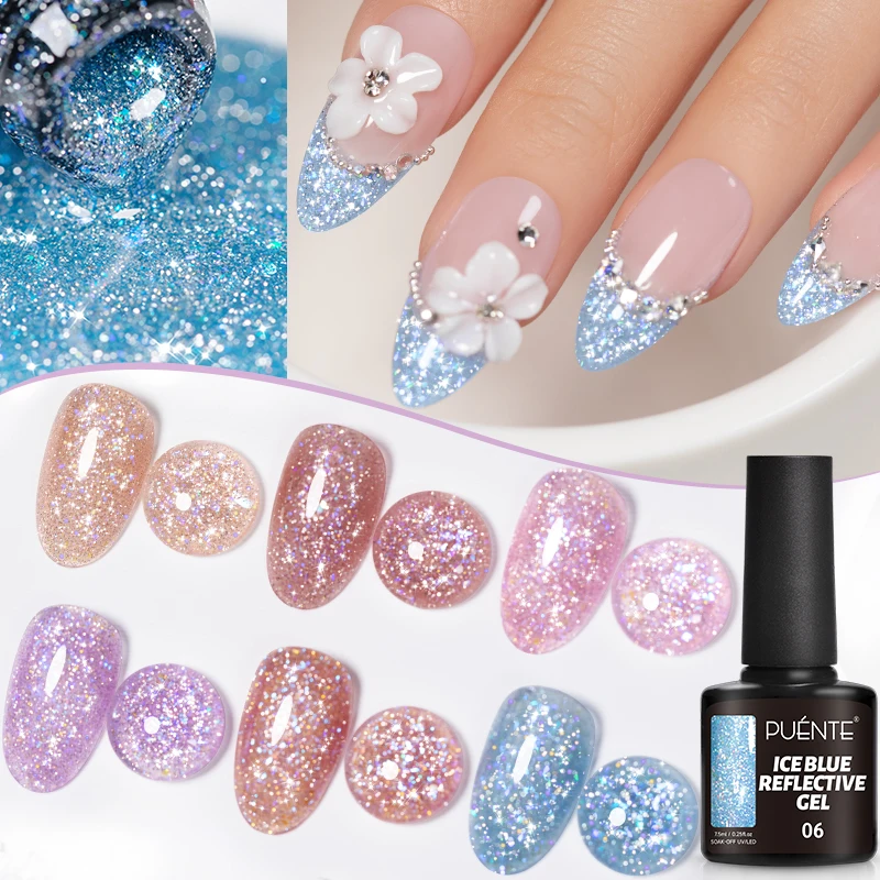 PUENTE 7.5ML Sparkling Ice Blue Reflective Glitter Gel Nail Polish Pink Blue Dimond Glitter Gel Soak Off UV Nail Art Varnish