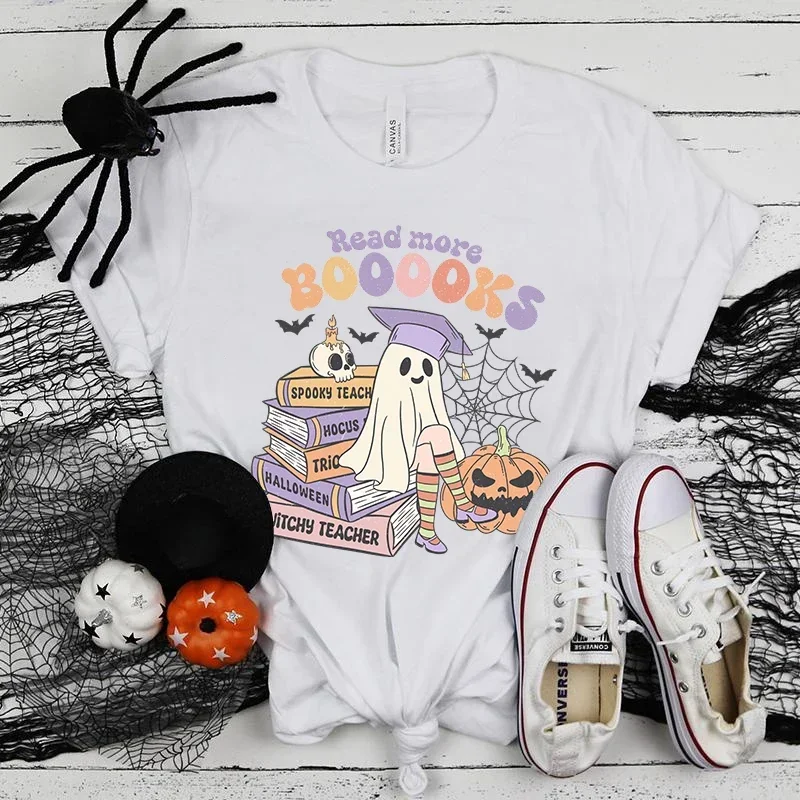 

(Premium T-shirt)Halloween Read More Boo Books T-Shirt Women Fashion Harajuku T Shirt Summer Cool Short Sleeve Hip Hop Top Tee