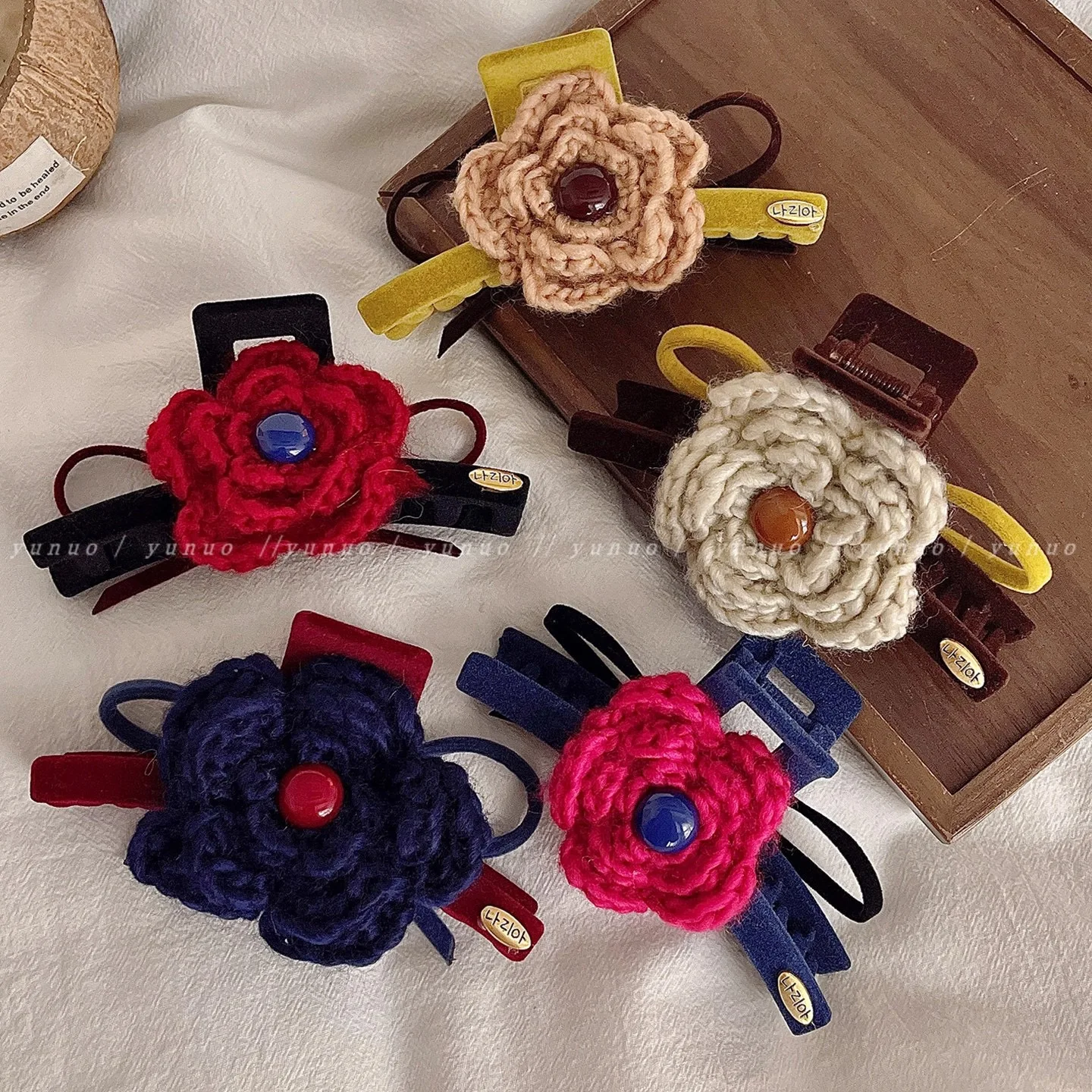 1 قطعة الخريف/الشتاء خمر محبوك الأزهار المخملية مشبك شعر ، الجزء الخلفي من رئيس مشبك شعر أنيق ، 2025 جديد الراقية أوبدو القرش كليب #2