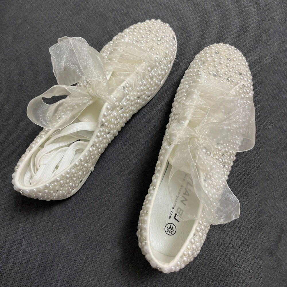 Pearls Shoes Wedding Dress Bride Flats Lace Strap Hand Made Personal Customize Letters on Shoes Women Cute Sneakers