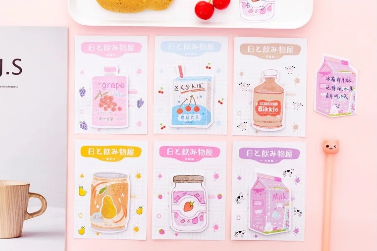 Kawaii Sticky Note Sticky Sticker, Várias Formas de Bebida, Estilo Japonês, Simples Cor Sólida, Papel de Nota