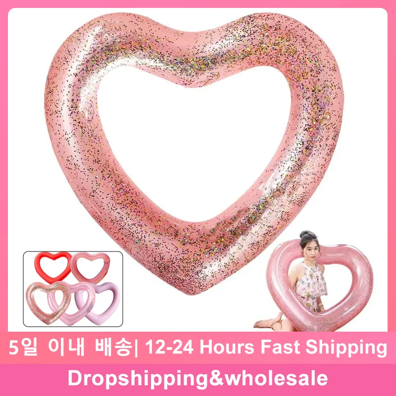 

PVC Love Swim Ring Adult Pool Float 100*120cm Rose Gold Sequin Floating On Water Red Heart Shaped Inflatable Circle Life Buoy