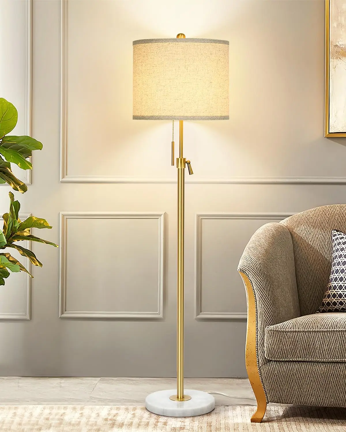 

Торшер с регулируемой высотой и мраморным основанием, золотым столбом и льняным абажуром для гостиной или спальни, в комплект входит лампа с регулируемой яркостью