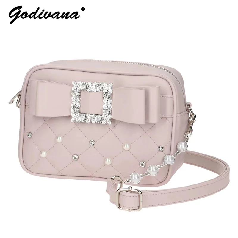 

Lolita Rhinestone Pearl Bow Leather Bag Girl Women's Sweet Cute Shoulder Crossbody Bag Diamond Small Square Bags