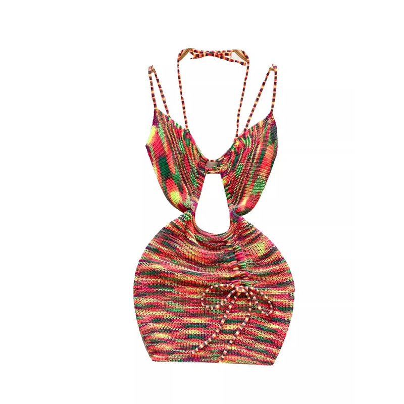 女性用プリントニットスパゲッティストラップドレス、ファッショナブルなホットボディコンドレス、ホローミニセクシーシェイプドレス、セクシーペンシルサンドレス