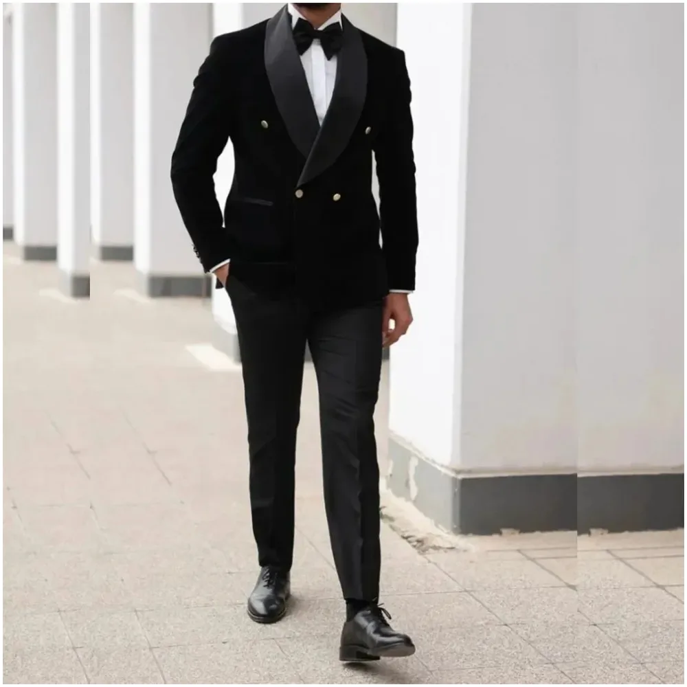 Men Suits In Black Velvet Shawl Lapel Groom Wedding Party Prom Dress Formal Occasion Tuxedos 2 Piece Business Blazer Sets