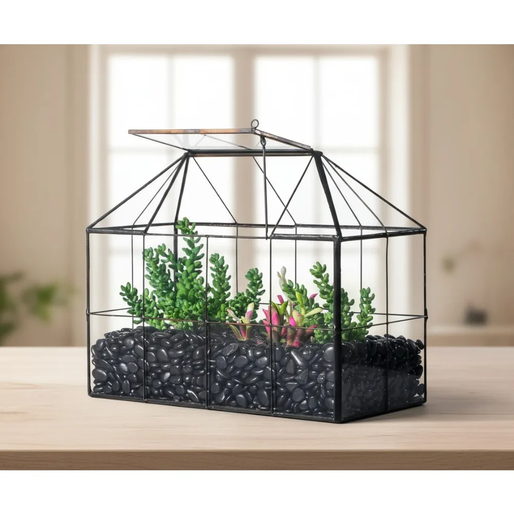 

Glass Geometric Terrarium with Lid for Succulents Cacti, Black Grid House Shape Plant Pot Indoor Garden Decor