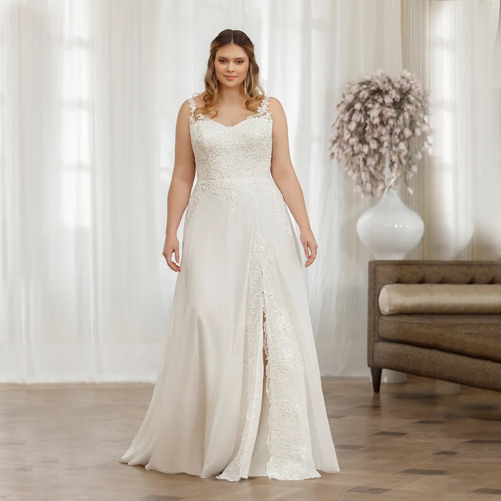 Elegant Wedding Dress For Bride Plus Size V-Neck Sleeveless Bride Gown Chiffon Side Split A-Line Sweep Train Vestido De Noiva