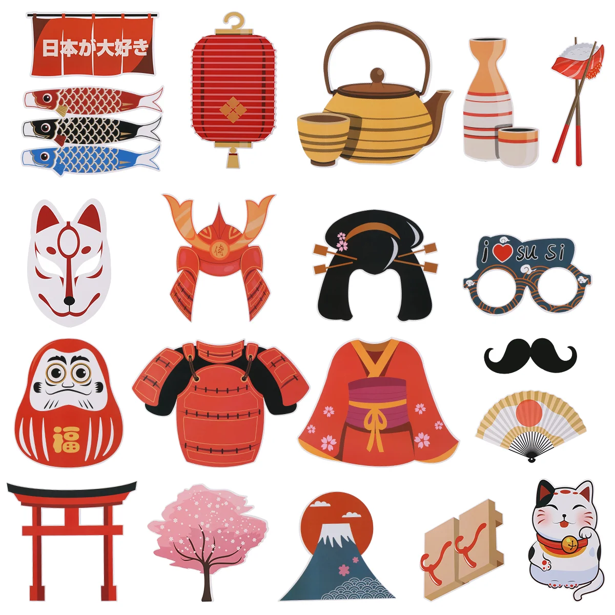 

20pcs Photo Booth Props Japanese Style Posing Kit Fun Faces Accessories Party Supplies Handheld Design Sushi Baby Shower