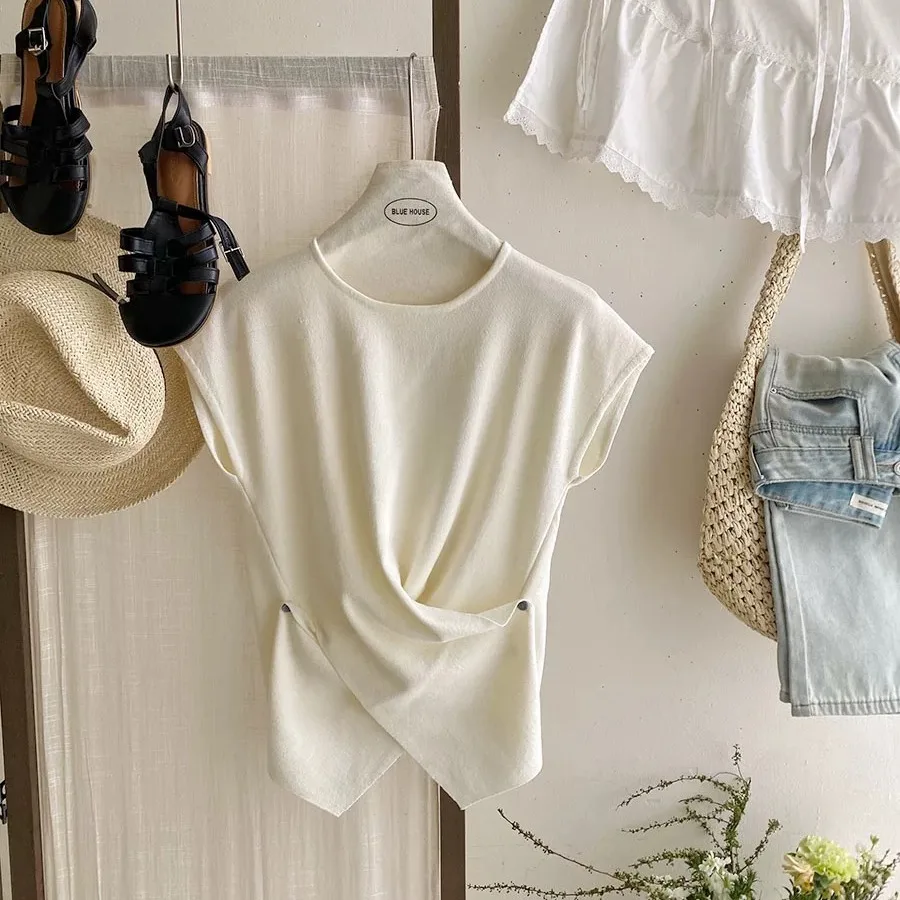 

Korean Sle Women's ort Sve T-irt Summer Design Crossed Pleated Slimming Side Split Faionable Casual round Ne Top
