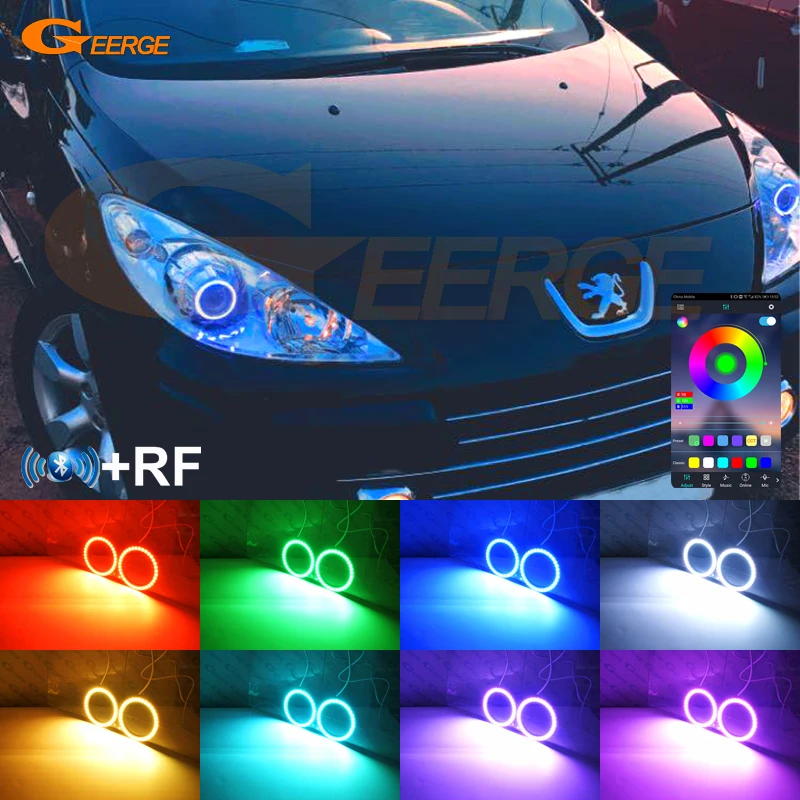 For Peugeot 307 T6 2005 2006 2007 2008 2009 BT App RF Remote Control Multi-Color Ultra Bright RGB LED Angel Eyes Kit Halo Rings