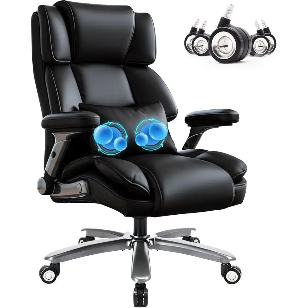 

Эргономичное массажное кресло для крупных и высоких людей, с 4D-подлокотниками, бесшумными колесами, толстыми подушками (черный, ПУ)