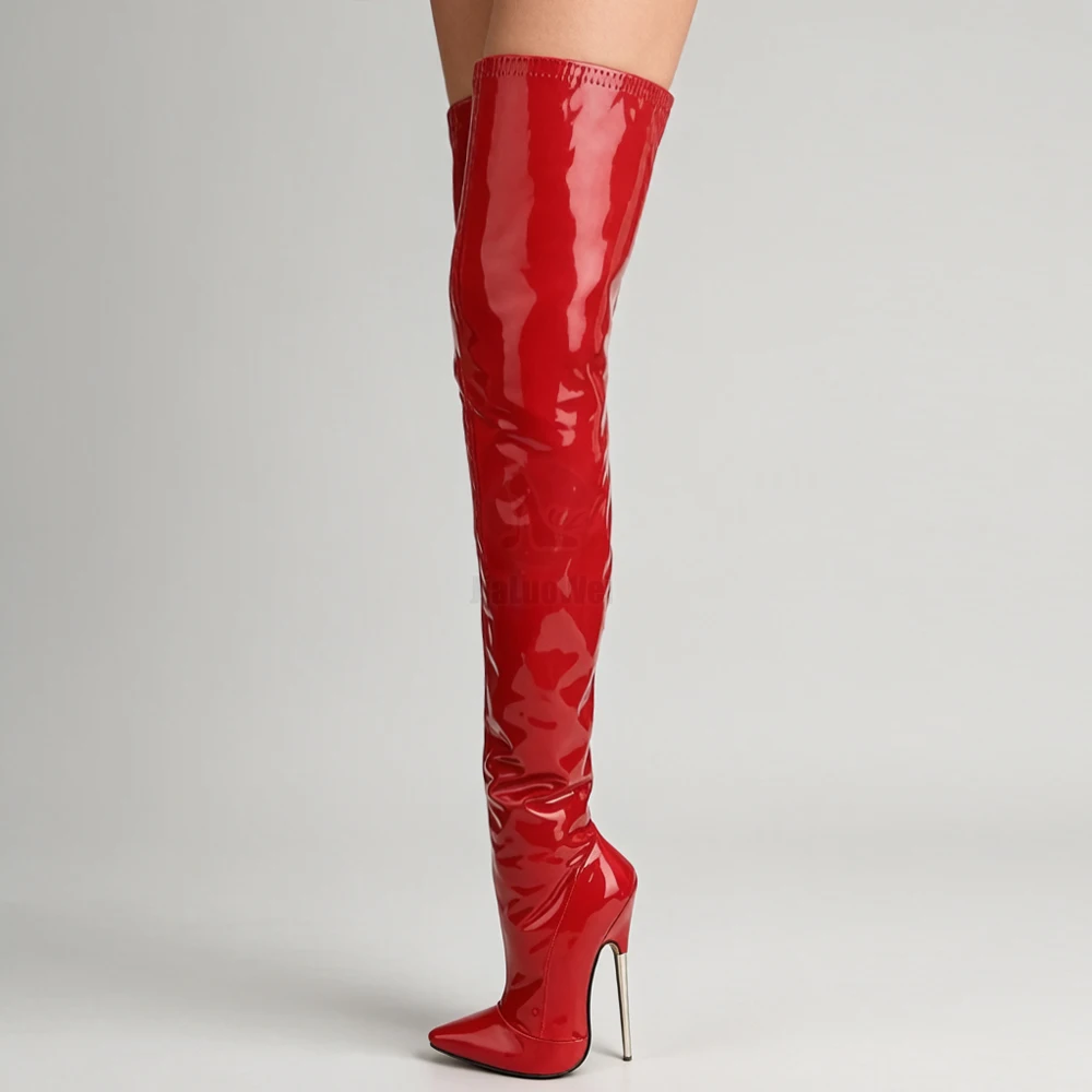Jialuowei Crotch Boots with Stiletto Heels Women Winter Boots Patent Leather Black Stretch Thigh High Boots Plus Size