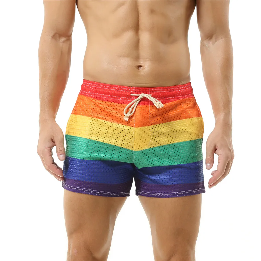 Rainbow Mens Mesh Breathable Casual Shorts Gym Bodybuilding Sport Fitness Shorts Loose Lounge Homewear Male Workout Short Pants