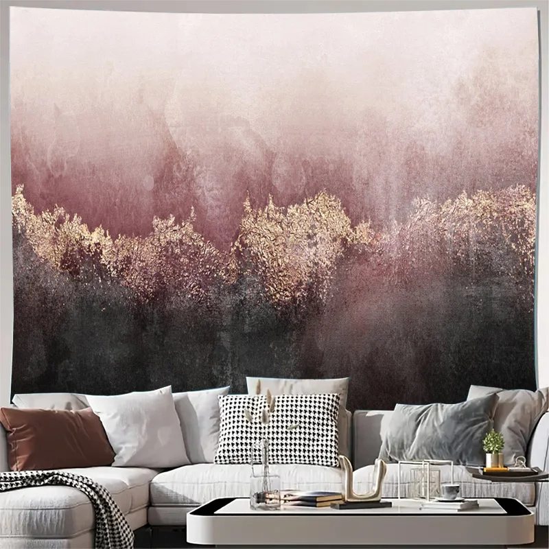 Abstract Gold Leaf Tapestry Wall Hanging Boho Modern Bohemian Decor Pink Brown Grunge Art Aesthetic Living Room Wall Decoration