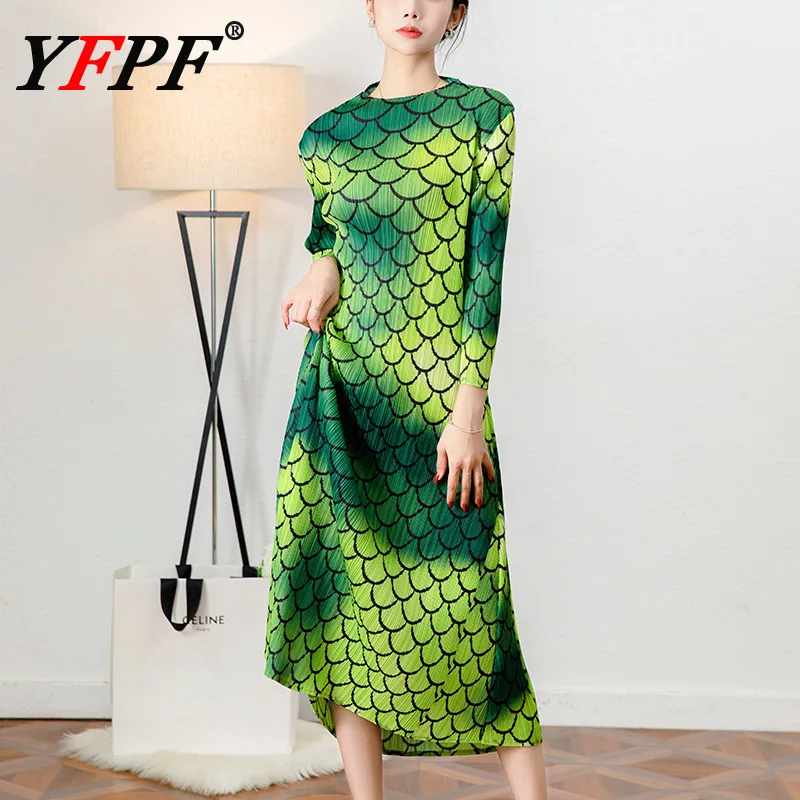 

YFPF Contrast Color Printing Long Dress Women Fashion Miyake Pleated Elegant Long Dresses Streetwear 2025 New Clothing 3A429