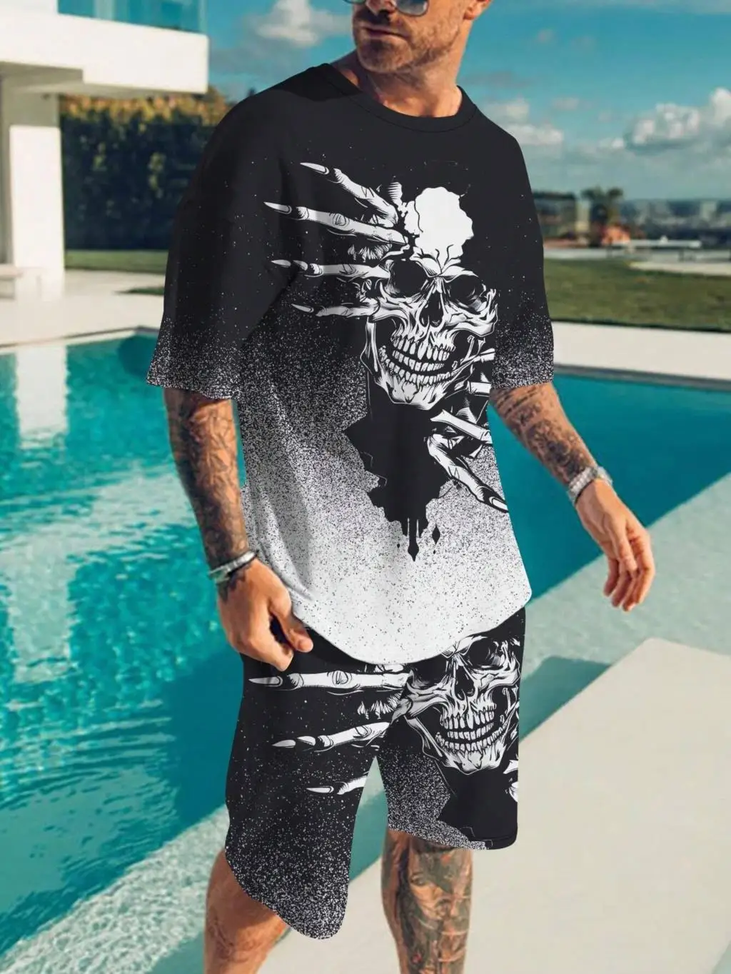 2024 Summer New Men\'s Set, 2-piece T-shirt shorts men\'s streetwear, 3D Skull Set, Men Fashion Clothing, US SIZES S-2XL