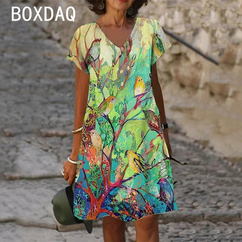 Women V-neck Short Sleeve Beach Dress 6XL Big Size Elegant Gradient Vintage Floral Casual A-Line Dress Vestidos De Mujer