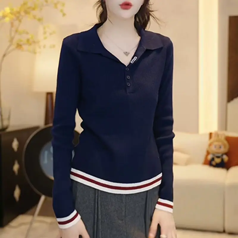 

Trendy color blocking slim fit long sleeved knitted sweater women autumn 2025 new high-end design commuter pullover