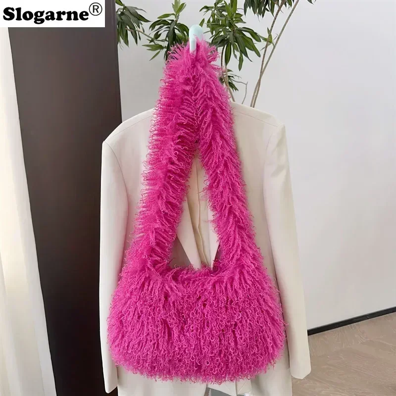 Women Y2K Fashion Long Fur Wool Bags Beach Faux Wool Fur Shoulder Bag Ladies Faux Furs Handbag Luxury Mongolian Crossbody Bags