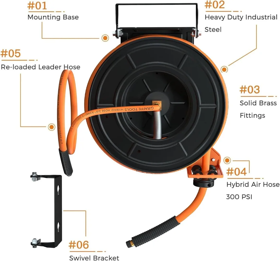 Carretel de mangueira retrátil com suporte giratório Compressor de ar industrial, 300PSI, 3/8 "X 50 Ft híbrido