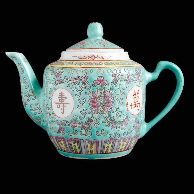 Hand-paint Porcelain Tea Set Old Ceramic Pastel 6Pc Tea Pot and Cup Set Coffee Table Longevity Wujiang Overglaze Kung Fu Tea Set