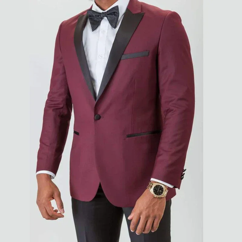 

Burgundy Jacket Black Pant Formal Wedding Elegant Men Suits Groom Tuxedo Prom Blazers High Quality Custom 2 Piece Set Costume