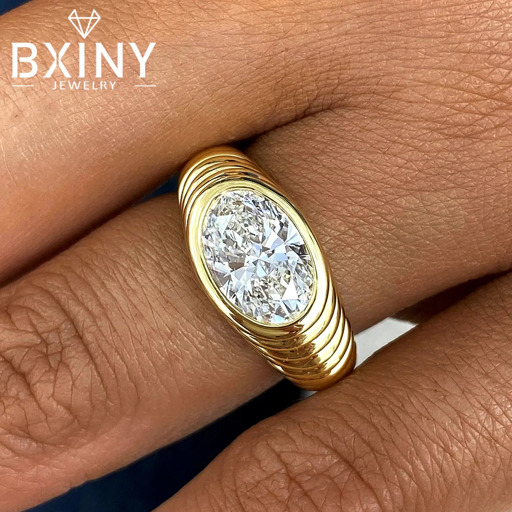 BXINY 1.5CT Oval Cut Moissanite Rings 925 Sterling Silver Solitaire Diamond Threaded Thick Band For Women Men Fine Jewelry Gifts