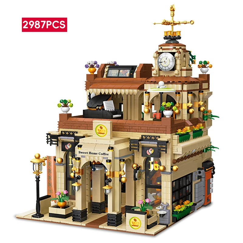 City Retro Architecture Cafe Building Blocks Atmosphere Lights Streetscape Large Scale Model Bricks Toys Compatible With LEGO