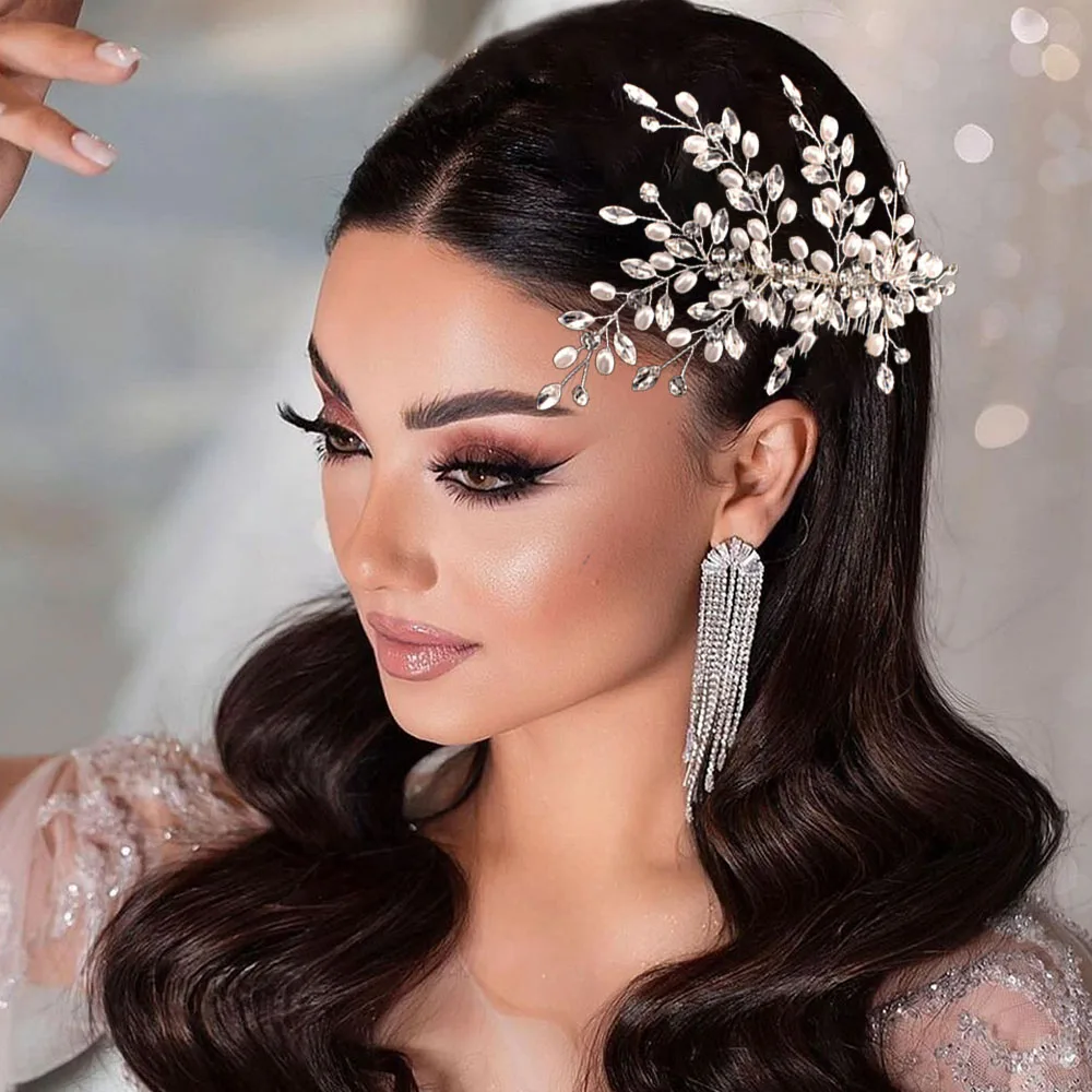 

DZ203 Silver Color Bride Headdress Hair Comb Handmade Wedding Headwear Rhinestone Pearl Bride Tiara Woman Pageant Hair Clip