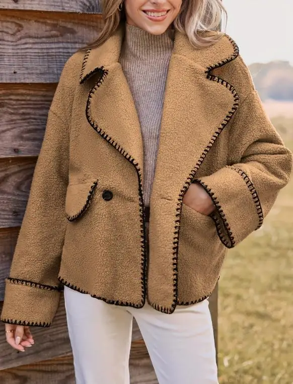 

Jacket New Autumn and Winter Collection with A Large Collar Pocket and Loose Casual Lambhair Jacket for Women