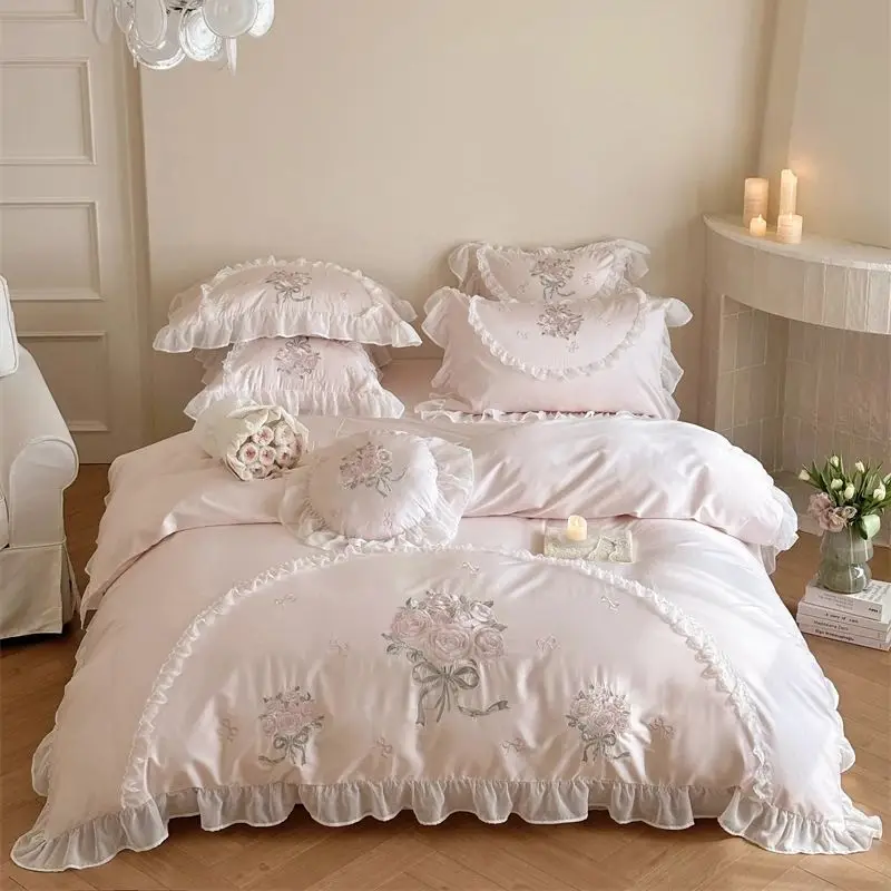 Pink Rose Flowers Embroidery Lace Ruffles Bedding Set for Girls, Duvet Cover Set, Bed Sheet, Pillowcases, Egyptian