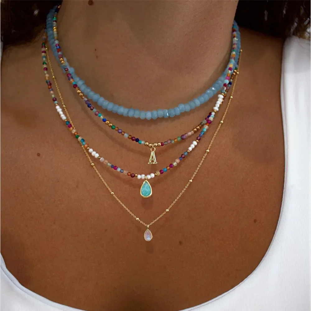 2023 Fashion Multilayer Boho Colorful Bead Chain Necklace For Women Female Crystal Water Drop Metal Letter Pendant Jewelry Gift