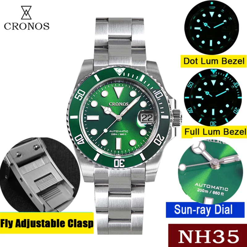 Cronos Sub Diver Men Watch Stainless Steel NH35 Brushed Bracelet Ceramic Bezel 200 Meters Water Resistant Adjustable Clasp L6015