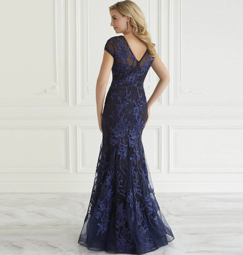 Vestido azul marino de sirena para madre de la novia, cuello en V, manga corta, Vestido largo de fiesta de graduación, apliques de encaje de