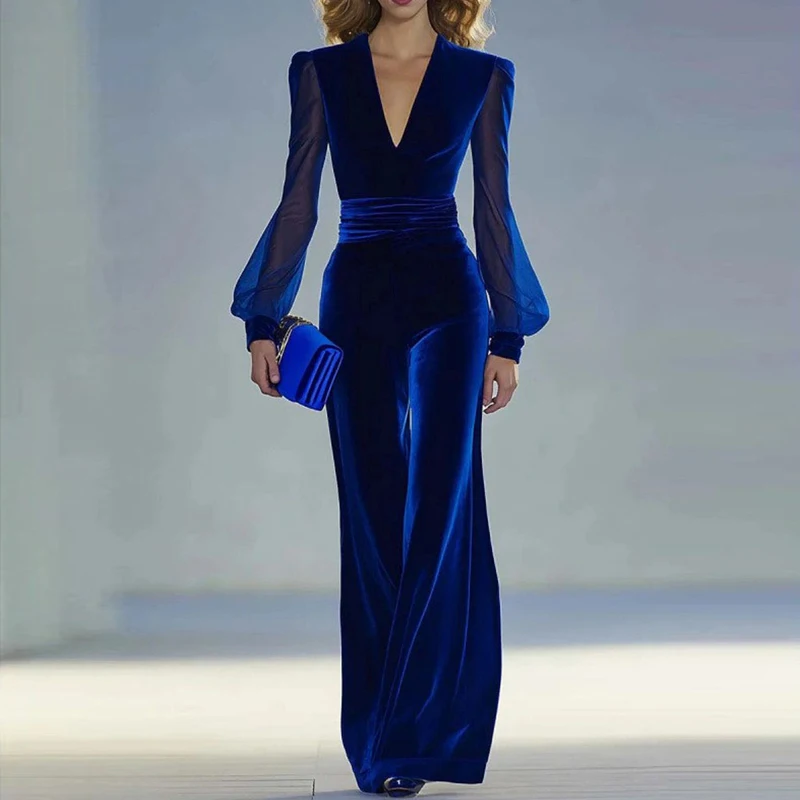 أنيقة الخصر ثنيات بلون طويل رومبير المرأة موضة التنقل سليم Playsuit مثير الخامس الرقبة شبكة كم طويل بذلة الحفلات #5