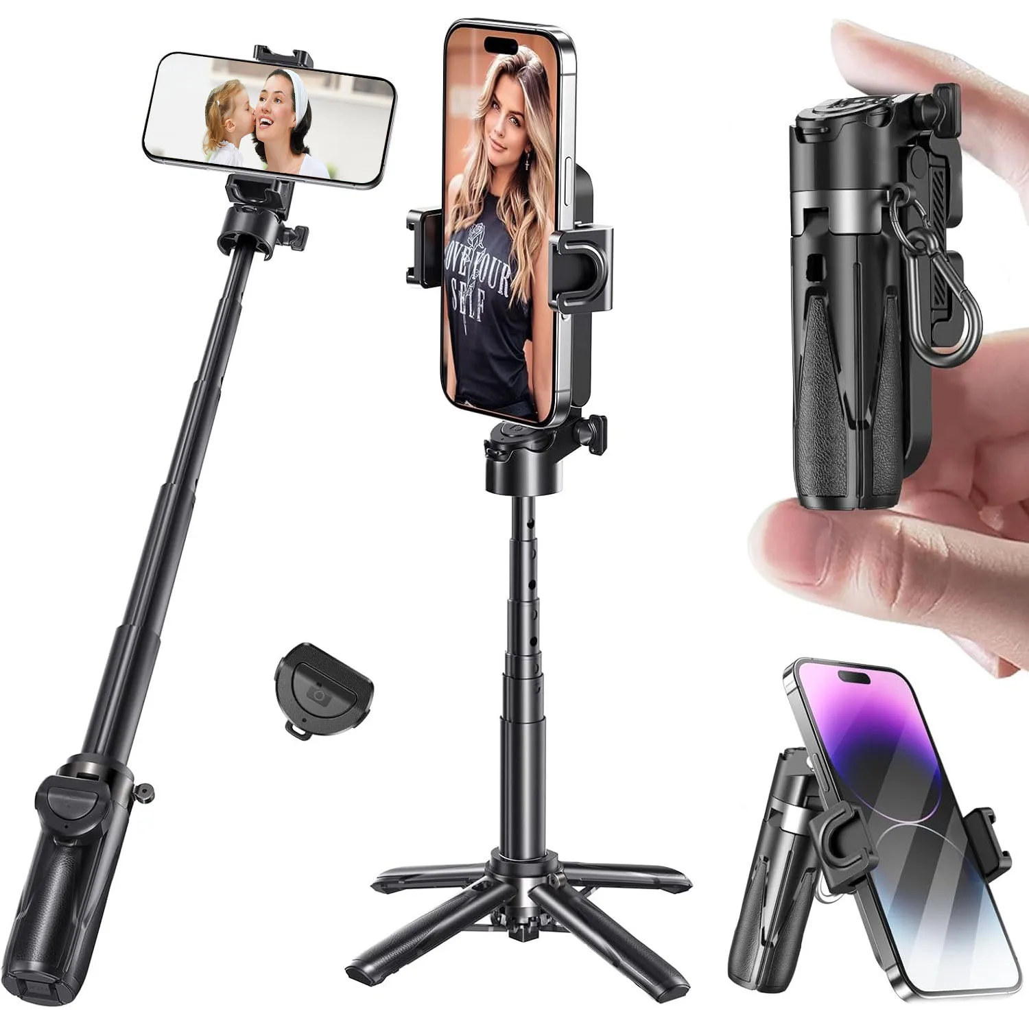 

Mini Selfie Stick Tripod for iPhone Android, Portable Pocket Phone Tripod with Rechargeable Remote for Tiktok Video Travel Vlogs