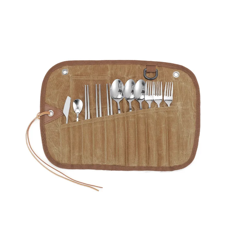 حقيبة تخزين أدوات المائدة الخارجية لثلاثة أشخاص، حقيبة تخزين مجموعة أدوات المائدة، ملعقة من الفولاذ المقاوم للصدأ، عيدان تناول الطعام والشوكة، قماش مشمع