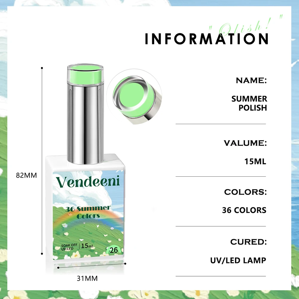 Vendeeni 36 Farben/Set Sommer Regenbogen Einfarbiger Gel-Nagellack TPO HEMA FREI Hochpigmentierter UV-Soak-Off Gel-Lack mit Display – Detail 13