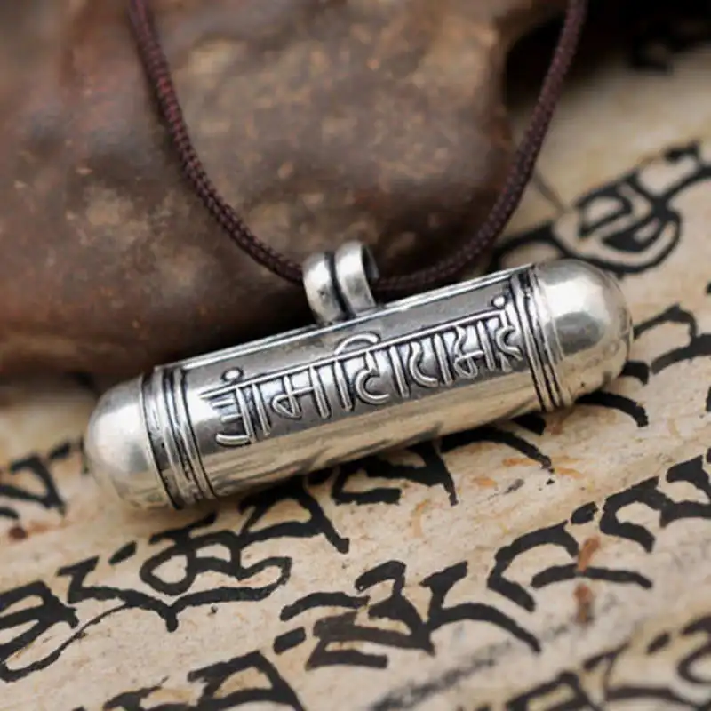 Tibet Mantra Gau Prayer box Nepal 925 Silver Cylinder Pendant OM HUM MANI PADEME Lockets T9041