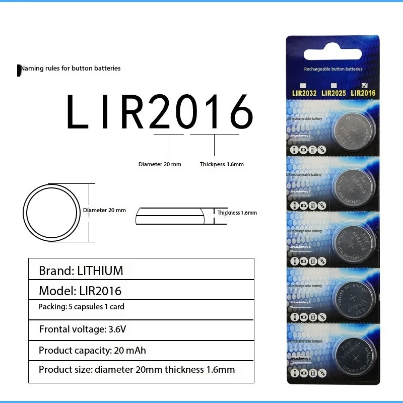 LIR2016 بطارية ليثيوم أيون 3.6 فولت قابلة لإعادة الشحن، خلية عملة ليثيوم طويلة الأمد، تحل محل CR2016 لمفتاح التحكم عن بعد للسيارة