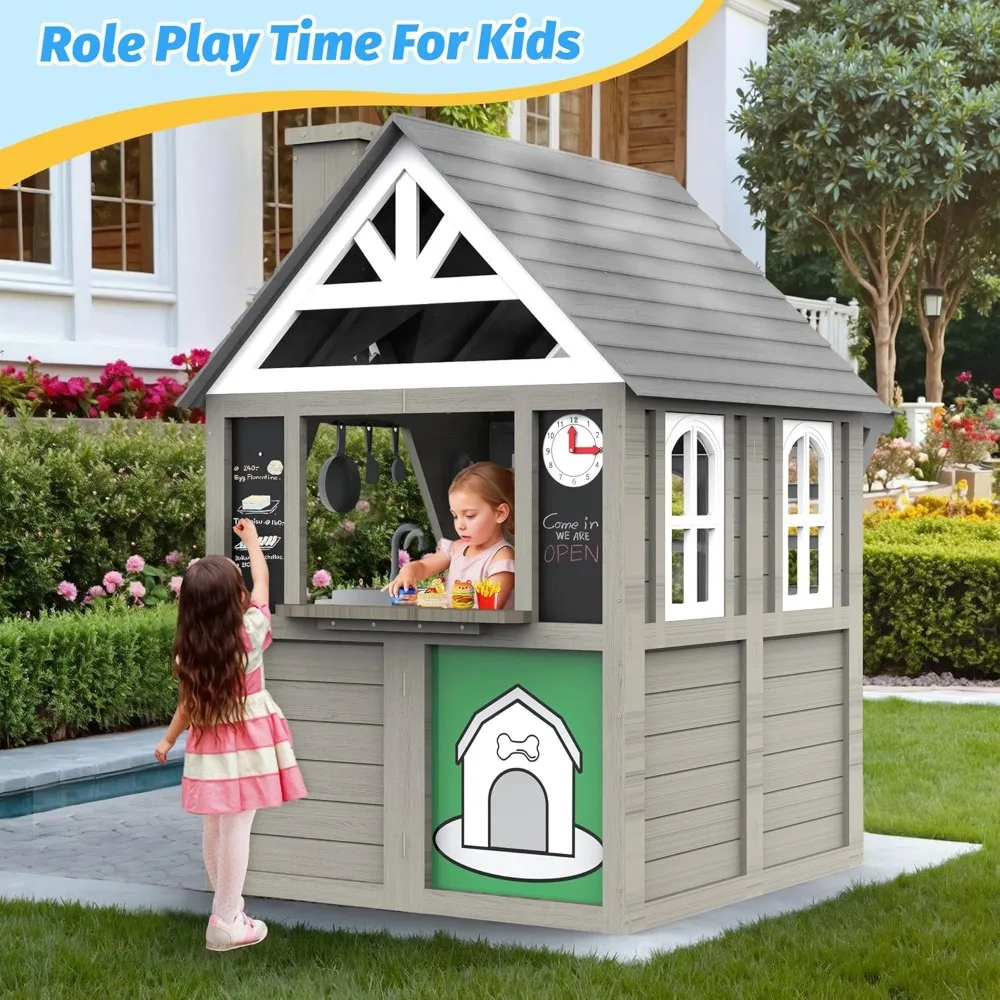 キッズアウトドアプレイハウス、3～8歳の子供用シダーグレー木製プレイハウス、プレイキッチン、インタラクティブドアベル、おもちゃの電話、シンク付き、